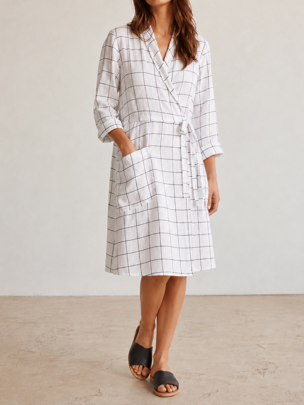 FLAX Linen Windowpane True Wrap Dress White Black Grid Midi Size Petite Pocket